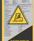 Electric Forklift Daily Inspection Checklist Logbook showing detailed inspection items and safety warnings in bold layout.