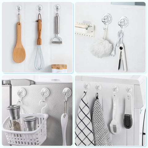 Clear Suction Cup Hooks For Shower Small Size Heavy Duty Removable And Reusable Transparent Bathroom Organizer Durable PET Plastic With High Strength Locking Technology 2 Pack displaying kitchen and bathroom organization.