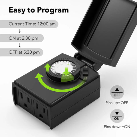 Heavy Duty Outdoor Mechanical Timer With Two Grounded Outlets Waterproof Built To Last 30 Minute Interval Programmable 24 Hour Repeating Schedule For Your Christmas Lights And Pool Pumps ETL Listed, showing dials and outlets.