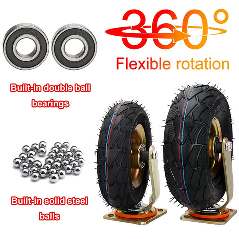 Tough As Nails 4 Piece Heavy Duty Pneumatic Rubber Caster Wheels With Secure Swivel Brakes And Stainless Steel Hardware for smooth gliding, showcasing double ball bearings.