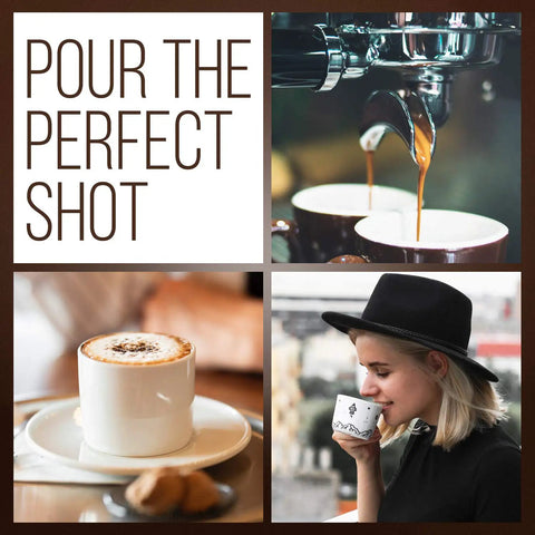 Collage of espresso machine pouring coffee, cappuccino on a saucer, and woman sipping espresso.