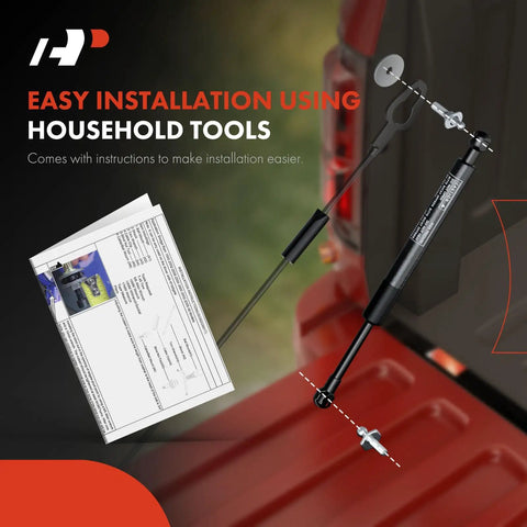 Heavy Duty Rear Tailgate Assist Shock Strut Lift Support Oem Style For Dodge Ram 1500 2002 To 2008 Ram 2500 3500 2003 To 2009 Left Side showing installation instructions and mounting hardware.