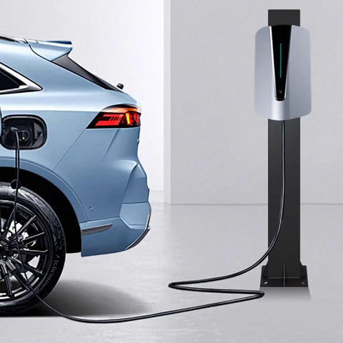 Built Different Free Standing Ev Charger Holder And Cord Wrap Organizer Weatherproof Steel Post for a blue EV charging.