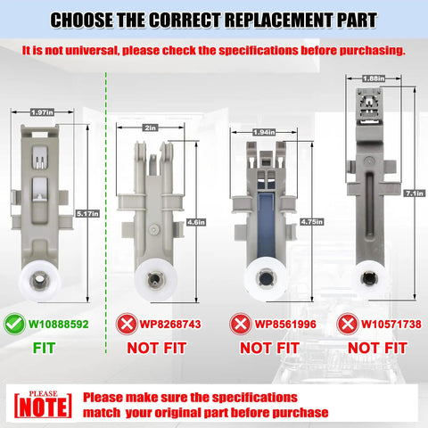 Image showing different dishwasher rack wheels with dimensions, highlighting the correct fit for Dishwasher Rack Wheels Upper Dishrack Roller Replacement Parts PS11769236 WP8575281 4 Pack For Smooth Sliding DIY Friendly Install Durable Plastic Rollers Fits Compatible Models And Keeps Your Rack Running Like New.