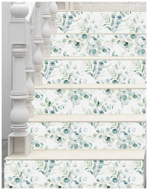 Staircase with Easy Peel And Stick Boho Eucalyptus Green And White Floral Wallpaper For Walls Renter Friendly No Mess Durable Washable Mural