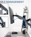 Super Smooth Heavy Duty Double Arm Dual Monitor Wall Mount With Zero Hassle Quick Height Adjustment For Two 17 To 32 Inch Monitors Total Flex Full Motion Articulating Black shown with cable management features.