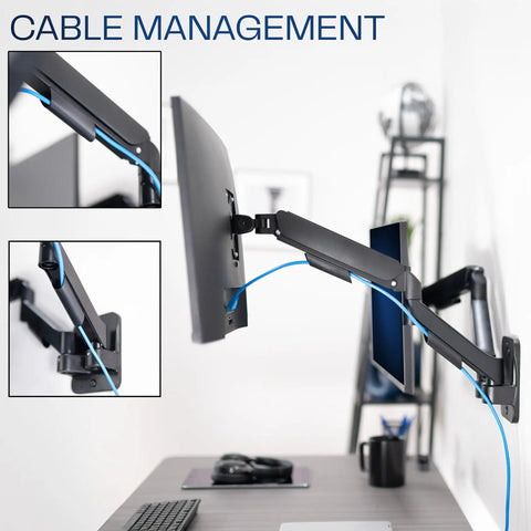 Super Smooth Heavy Duty Double Arm Dual Monitor Wall Mount With Zero Hassle Quick Height Adjustment For Two 17 To 32 Inch Monitors Total Flex Full Motion Articulating Black shown with cable management features.