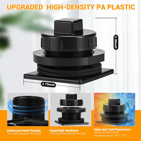 Stock Tank Drain Plug Kit Fits 50 70 100 150 300 Gallon Tanks Replacement Plug For 2 Inch Holes Compatible With Most Stock Tanks Easy Install Durable Waterproof Seal shown with measurements and features.
