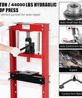 20-ton hydraulic shop press with auto repair components, red frame, and stamping plates, hands operating for garage workshop use