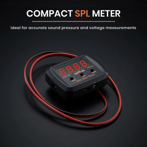 Mini Bass Meter Version 2 Compact Standalone Subwoofer Sound Pressure Meter With Voltage Measurement For Car Audio Bass Testing Tool 10 Hz To 120 Hz Range And 110 dB To 185 dB Measurement For Precise Bass Tuning On The Go. Compact black SPL meter with red cable