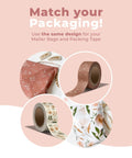 Premium Water Activated Packing Tape Straight Up For Sealing Corrugated Boxes And Gift Cartons With Rosy Floral Print Biodegradable Gummed Paper Shipping Rolls For Ecommerce Hustlers displayed in matching packaging.