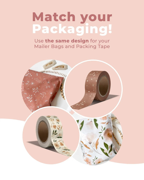 Premium Water Activated Packing Tape Straight Up For Sealing Corrugated Boxes And Gift Cartons With Rosy Floral Print Biodegradable Gummed Paper Shipping Rolls For Ecommerce Hustlers displayed in matching packaging.