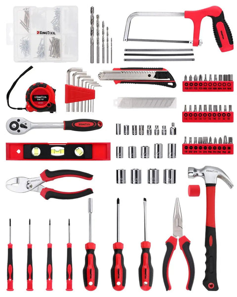 226 Piece Home And Auto Repair Tool Kit With Sturdy Toolbox For DIY Enthusiasts, Homeowners, And Handymen, laid out neatly