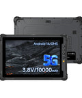 Heavy Duty Rugged Android 14 Tablet With Built In Barcode Scanner 8GB RAM And 128GB Storage showing front and back views with 5G capability.