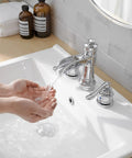 Person using the 8 Inch Widespread Bathroom Faucet With 3 Hole Mount Two Handle Brass Waterfall Sink Faucet Polished Chrome With Pop Up Drain And Supply Lines No Fuss Install And Modern Sleek Look