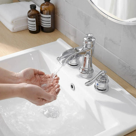 Person using the 8 Inch Widespread Bathroom Faucet With 3 Hole Mount Two Handle Brass Waterfall Sink Faucet Polished Chrome With Pop Up Drain And Supply Lines No Fuss Install And Modern Sleek Look