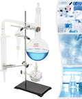 All In One 1000ml Distillation Kit With Glass Apparatus For Essential Oil Extraction And Water Distillation High Borosilicate Glassware With Iron Stand Pro Grade Lab Gear For Home Or School showcasing glass and iron apparatus with blue liquid.