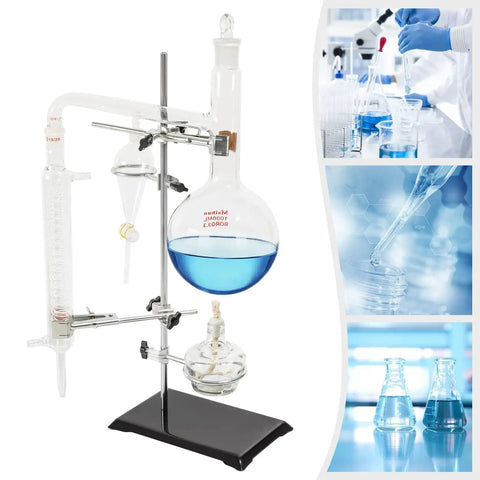 All In One 1000ml Distillation Kit With Glass Apparatus For Essential Oil Extraction And Water Distillation High Borosilicate Glassware With Iron Stand Pro Grade Lab Gear For Home Or School showcasing glass and iron apparatus with blue liquid.