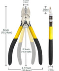 BOOSDEN 6.5-inch wire cutter with yellow handles; spring-loaded flush cutters, front and side views.