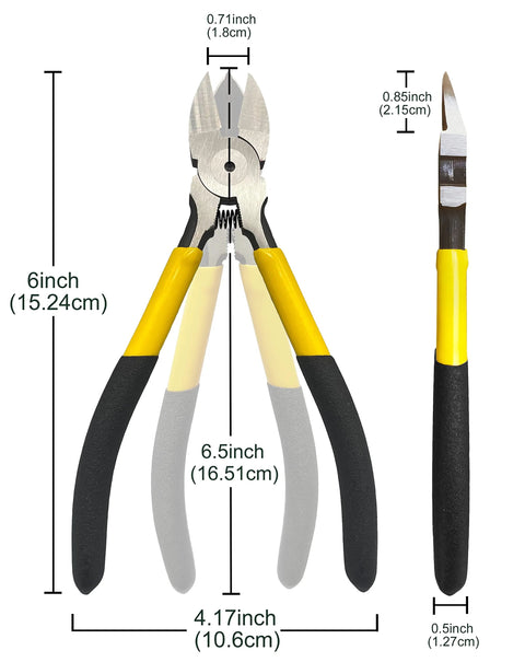 BOOSDEN 6.5-inch wire cutter with yellow handles; spring-loaded flush cutters, front and side views.