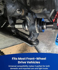 19 Piece Universal Front Wheel Drive Bearing Puller Kit for front wheel hub removal installed on a vehicle.