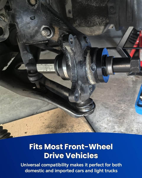 19 Piece Universal Front Wheel Drive Bearing Puller Kit for front wheel hub removal installed on a vehicle.