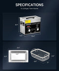 Specifications sheet for 3L Ultrasonic Cleaner With Degas And Gentle Modes 120W Heater Stainless Steel Tank Timer And Knob Controls