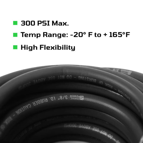 Close-up of Badass Heavy Duty Black Rubber Air Compressor Hose 3/8 Inch By 50 Feet 300 Psi with flexibility details.