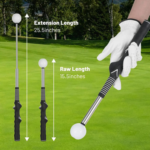 Retractable Golf Swing Trainer With Instant Click Feedback in collapsed and extended positions on golf course, right-handed