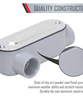 2 Inch LR Type Threaded Conduit Body With Die Cast Aluminum Body And Stamped Steel Cover In Gray Finish Includes NBR Gasket And Powder Coat For Durable Weather Resistant Performance And Easy Installation With Combination Head Screw For Rigid LR Assembly.