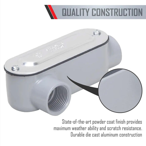 2 Inch LR Type Threaded Conduit Body With Die Cast Aluminum Body And Stamped Steel Cover In Gray Finish Includes NBR Gasket And Powder Coat For Durable Weather Resistant Performance And Easy Installation With Combination Head Screw For Rigid LR Assembly.