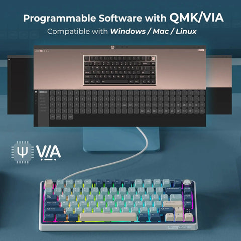 Dope 75 Percent Wireless Mechanical Gaming Keyboard Featuring Tight Gasket Mount And Smooth Triple Mode Bluetooth 2.4Ghz Connectivity Hot Swappable Cream Switches With Durable Pbt Keycaps And Epic Rgb Backlighting displayed with QMK/VIA software on desktop.