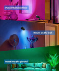 Indoor LED Spot Lights 5W RGBW Uplighting With Remote showing three placement options: table, wall mount, or ground stake.