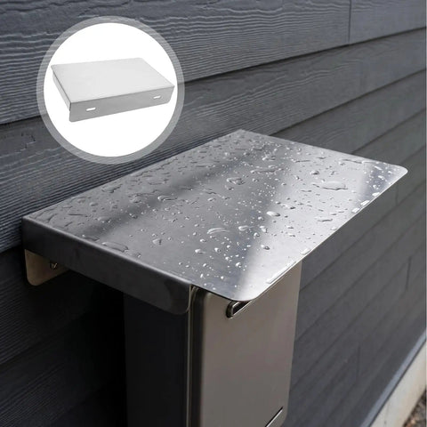 Heavy Duty Stainless Steel Ev Charger Rain Cover Weather Resistant Outdoor Charging Station Housing mounted on wall with water droplets.
