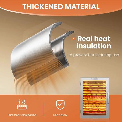 Heavy Duty Twelve Tray Food Dehydrator With Adjustable Temp And 800W Motor Rock Solid Stainless Steel Build, showcasing heat-insulating material.