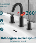 Matte Black Two Handle 8 Inch Widespread Bathroom Faucet For Vanity Sink With 360 Degree Swivel Spout 3 Hole Installation In Use