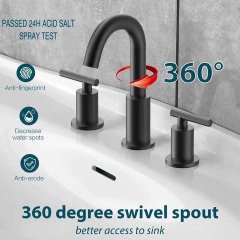 Matte Black Two Handle 8 Inch Widespread Bathroom Faucet For Vanity Sink With 360 Degree Swivel Spout 3 Hole Installation In Use