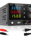 Portable Variable DC Power Supply 0 to 30V 0 to 5A for Lab Bench with 4 Digit LED Display, USB port, adjustment knob, and cables.