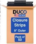 Top Shelf Black Foam Closure Strips For Metal Roofs 3 Ft Long With 9 Inch Rib Spacing 50 Pack USA Made displayed in packaging.