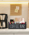 Farmhouse Style Wooden Coffee Station Organizer For Countertop With Handle, Four-Compartment Coffee Bar Accessories Holder on kitchen counter