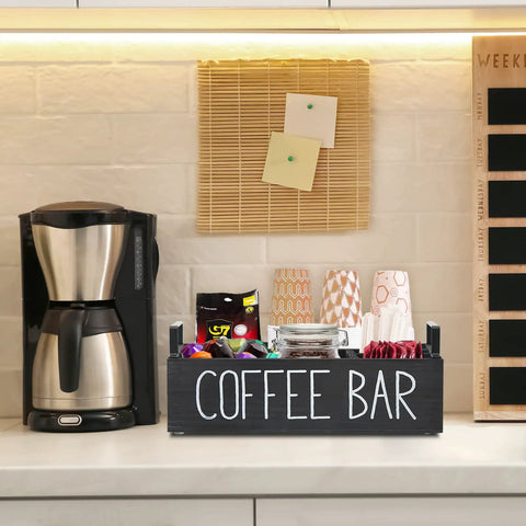 Farmhouse Style Wooden Coffee Station Organizer For Countertop With Handle, Four-Compartment Coffee Bar Accessories Holder on kitchen counter