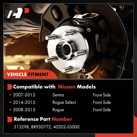 Two Front Wheel Bearing And Hub Assembly 5-Lug Compatible With Nissan Rogue 2008-2013, Rogue Select 2014-2015, Sentra 2007-2012 OEM-Grade Replacement Heavy-Duty Hub And Bearing Unit For A Smooth Ride And Long-Lasting Performance in package with fitment details.