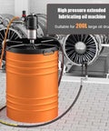Heavy Duty Pneumatic Grease Pump With Tough As Nails 80 To 1 Pressure Ratio and Integrated Grease Gun on orange 200L drum.