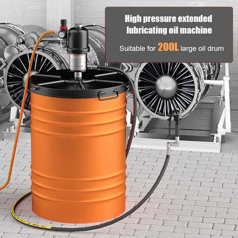 Heavy Duty Pneumatic Grease Pump With 80 To 1 Ratio And 20 Ft Hose Skips Electric Hassle Crushes Thick Grease Effortlessly Fits 170 To 200 Liter Drums Handled Tough For Daily Shop Repairs on an orange 200L drum.