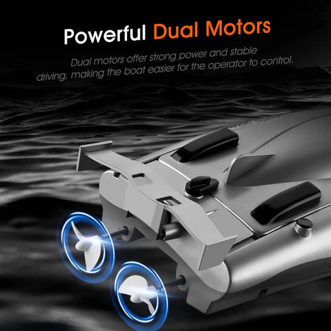 Rear view of black Dope High Speed RC Boat For Adults showing dual motors on water surface, highlighting 25kmh speed capability.