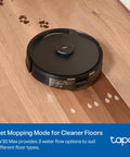 Smart LiDAR Robot Vacuum And Mop With Self Emptying Dock Crazy 5300Pa Suction 97 Percent Dust Pickup Custom Clean Modes Auto Charge Works With Alexa And Google Home RV30 Max Plus on hardwood floor with mopping mode.