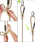 Step-by-step guide to attaching rope with carabiner for Heavy Duty Plastic Swing Seat With Non Slip Design, Adjustable Rope, Four Carabiners.