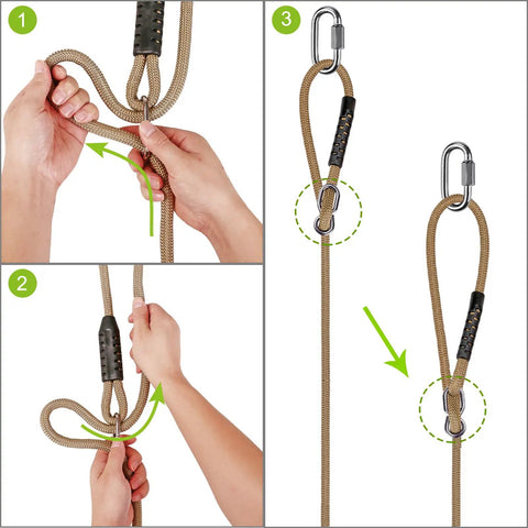 Step-by-step guide to attaching rope with carabiner for Heavy Duty Plastic Swing Seat With Non Slip Design, Adjustable Rope, Four Carabiners.
