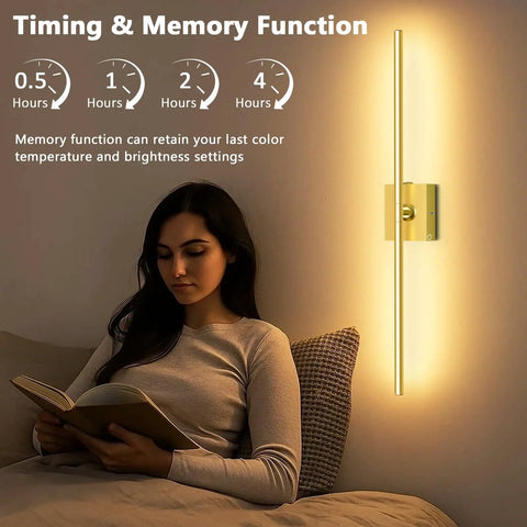 Top Shelf Gold Rechargeable Wall Sconces Pair Wireless Battery Powered LED Wall Light Removable 10000 Mah Power Base For Hallway Or Bedroom Zero Wiring Needed To Really Step Up Your Room Game, woman reading by golden LED sconce.