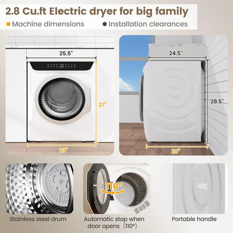 2.8 Cu.ft Electric dryer for big family dimensions, stainless steel drum, automatic door stop, portable handle. Portable Washer And Dryer Combo Full Automatic Top Load Laundry Pair For Apartments Dorms Smooth Operator Vibe Heavy Duty Steel Tub LED Panel Quick Wash Cycle.